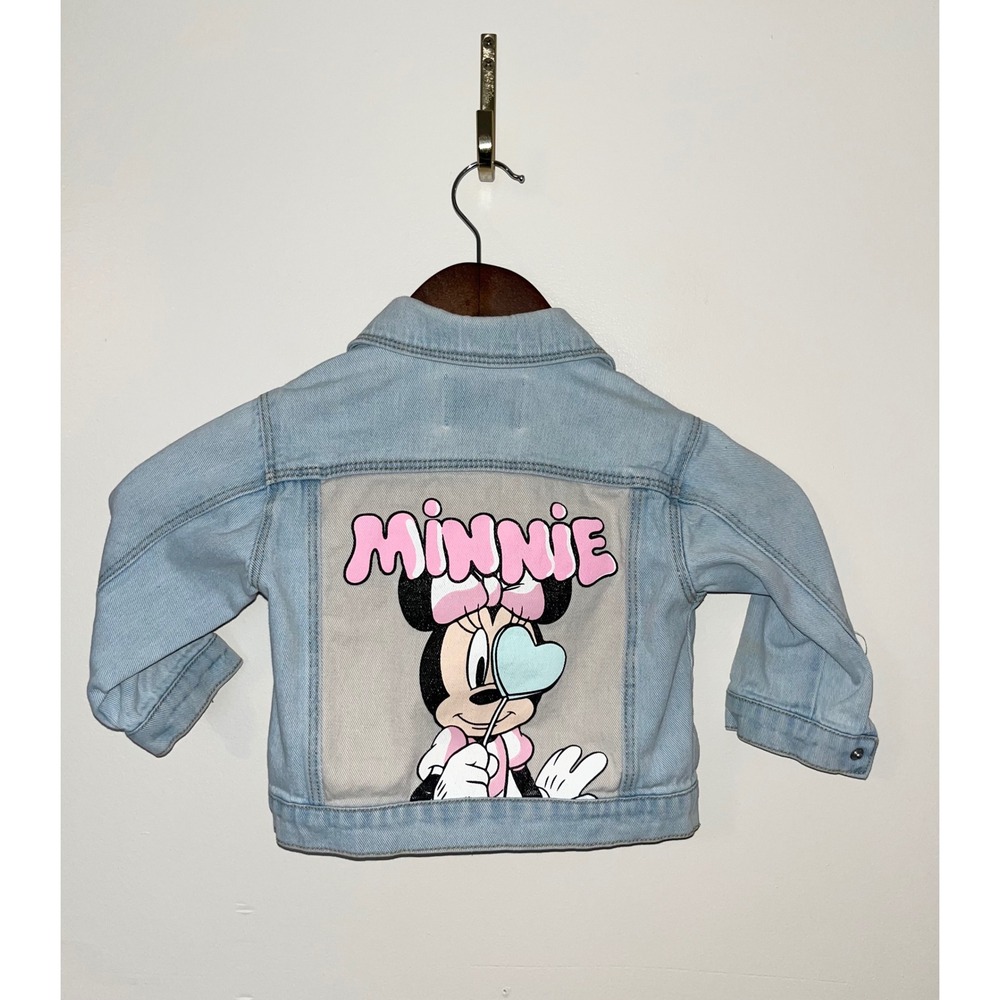 ZARA Disney Kids Denim Jacket Minnie Mouse Print Light Wash Size 12-18 Months